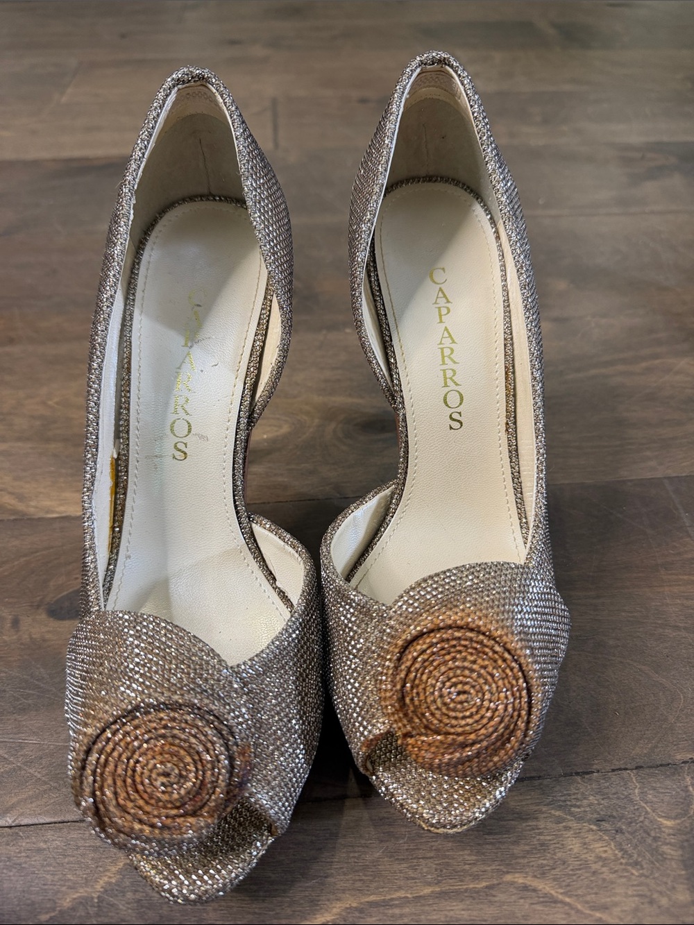 Caparros Women's Glitter Peep-Toe Heels in Rose Gold with Rosette
